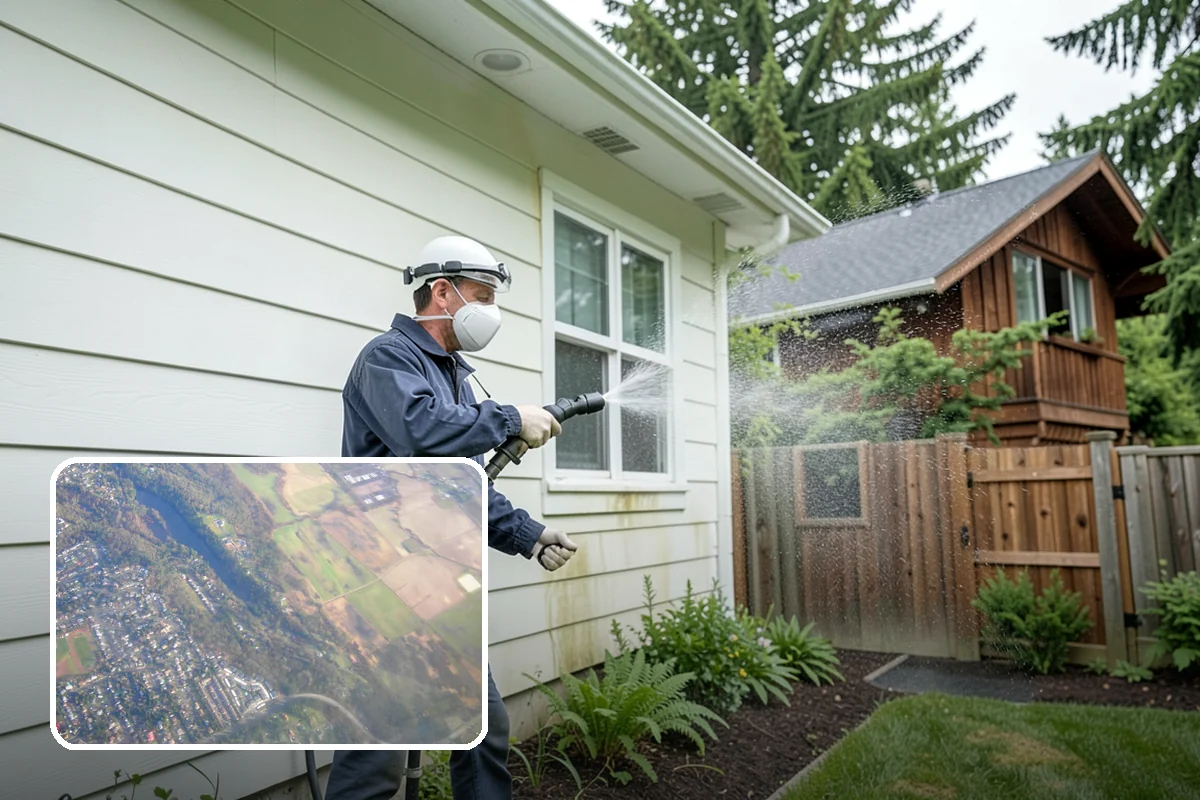 Shed Cleaning in Algona, King County, WA - Removes the mossy green film that thrives in shaded Puget Sound yards