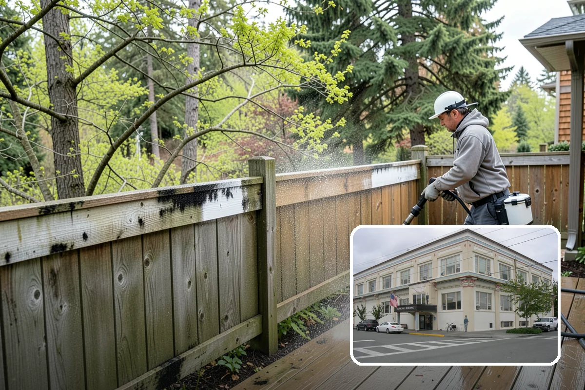 Shed Cleaning in Anacortes, Skagit County, WA - Removes the mossy green film that thrives in shaded Puget Sound yards
