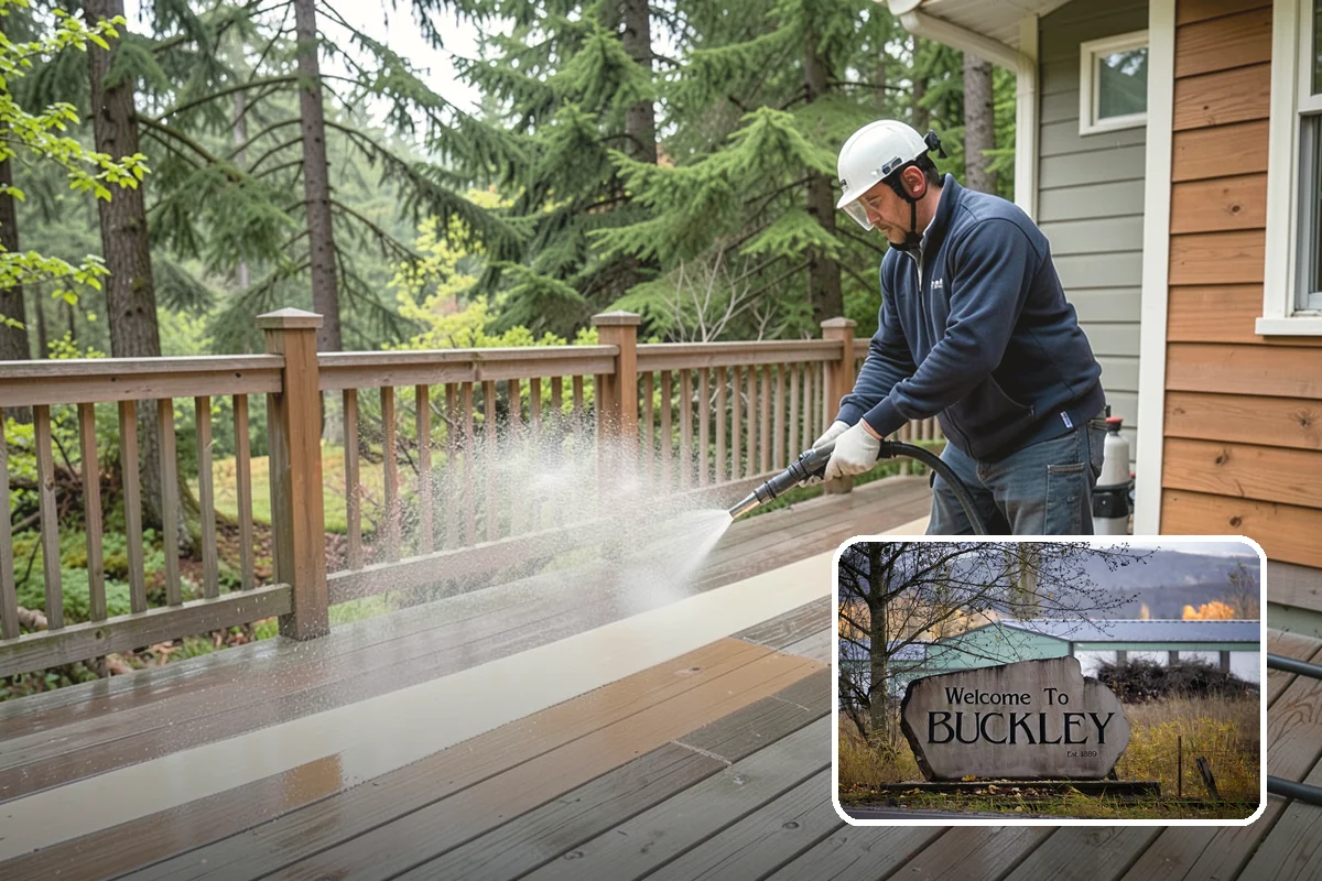 Shed Cleaning in Buckley, Pierce County, WA - Removes the mossy green film that thrives in shaded Puget Sound yards