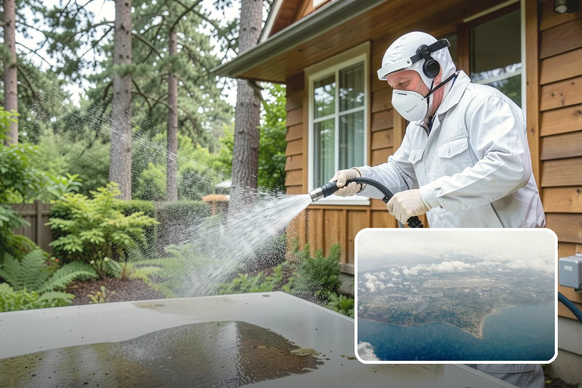 Shed Cleaning in Burien, King County, WA - Removes the mossy green film that thrives in shaded Puget Sound yards