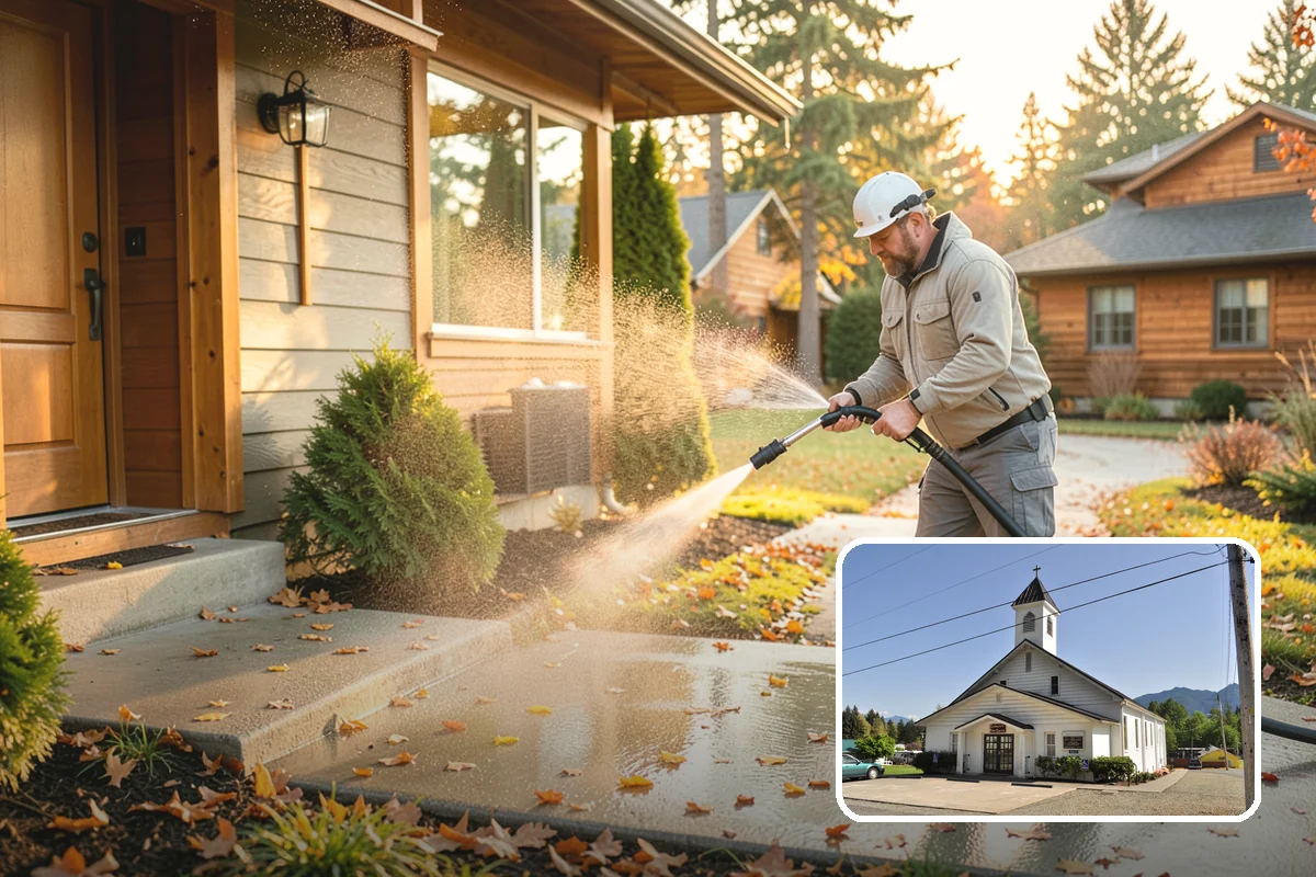 Shed Cleaning in Concrete, Skagit County, WA - Removes the mossy green film that thrives in shaded Puget Sound yards