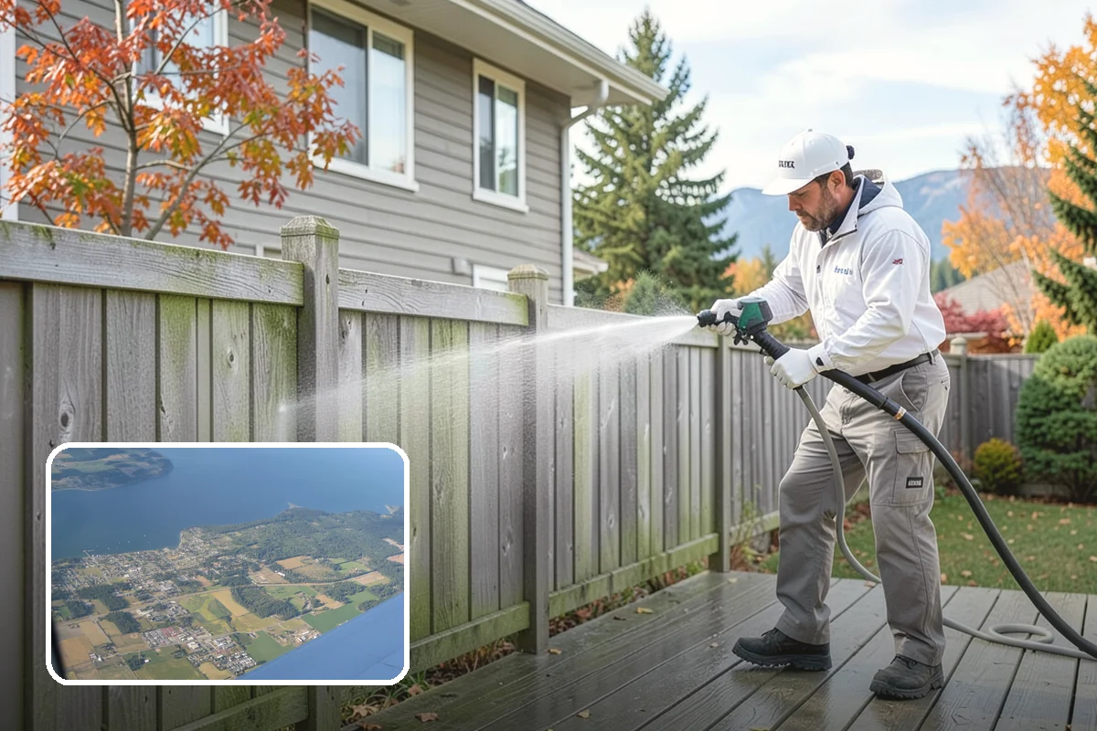 Shed Cleaning in Coupeville, Island County, WA - Removes the mossy green film that thrives in shaded Puget Sound yards