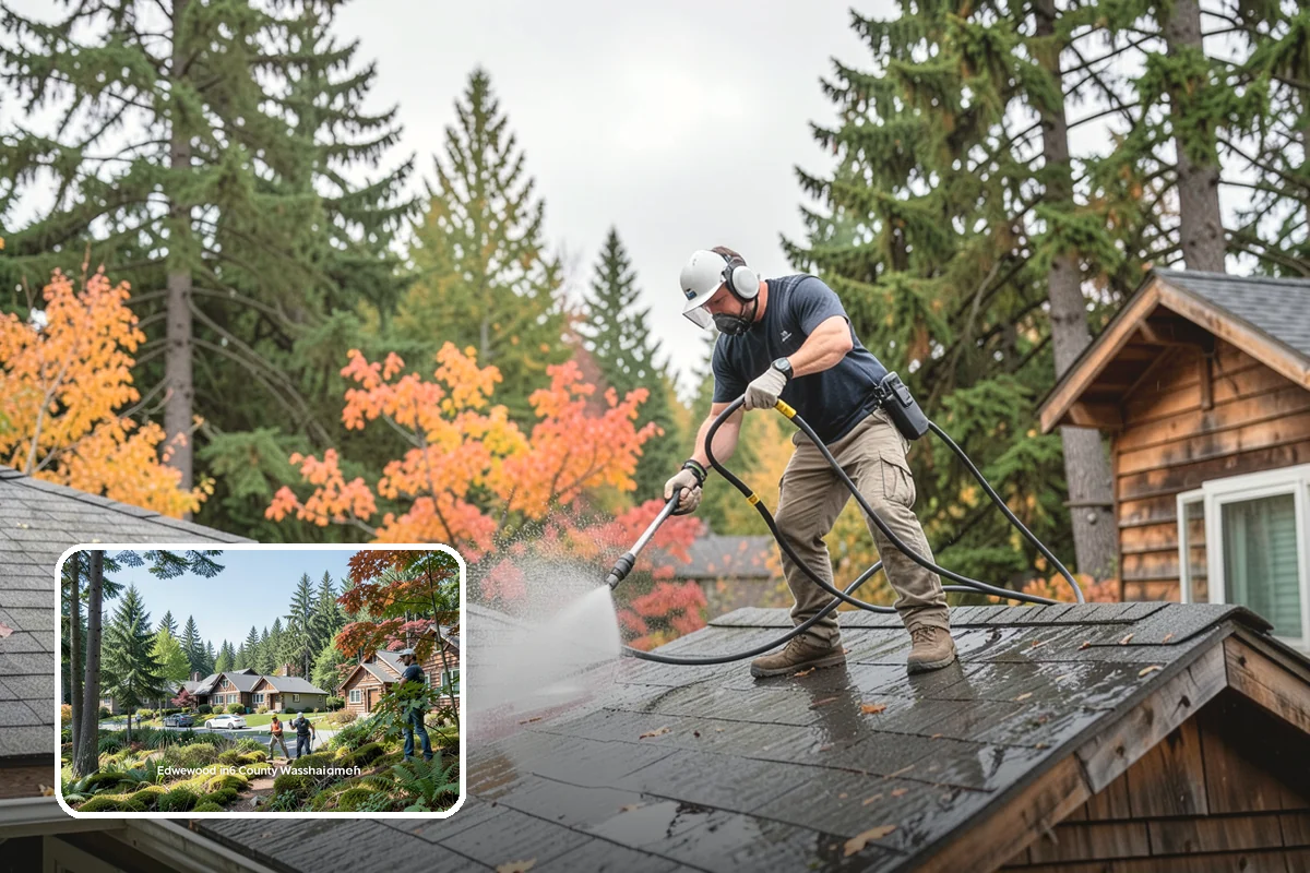 Shed Cleaning in Edgewood, Pierce County, WA - Removes the mossy green film that thrives in shaded Puget Sound yards
