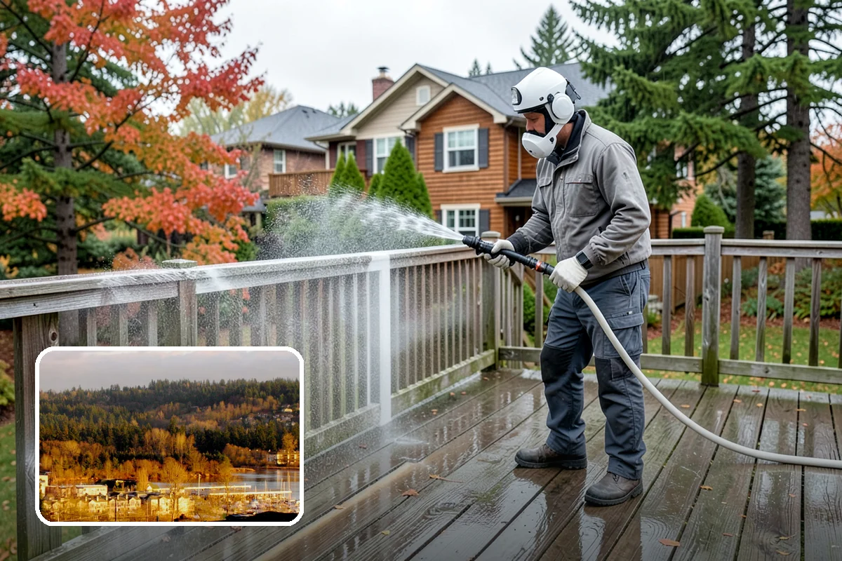 Shed Cleaning in Kenmore, King County, WA - Removes the mossy green film that thrives in shaded Puget Sound yards