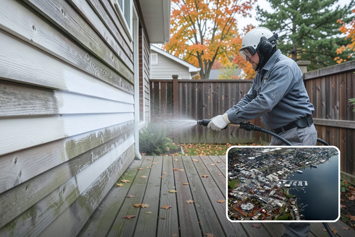 Shed Cleaning in Kirkland, King County, WA - Removes the mossy green film that thrives in shaded Puget Sound yards