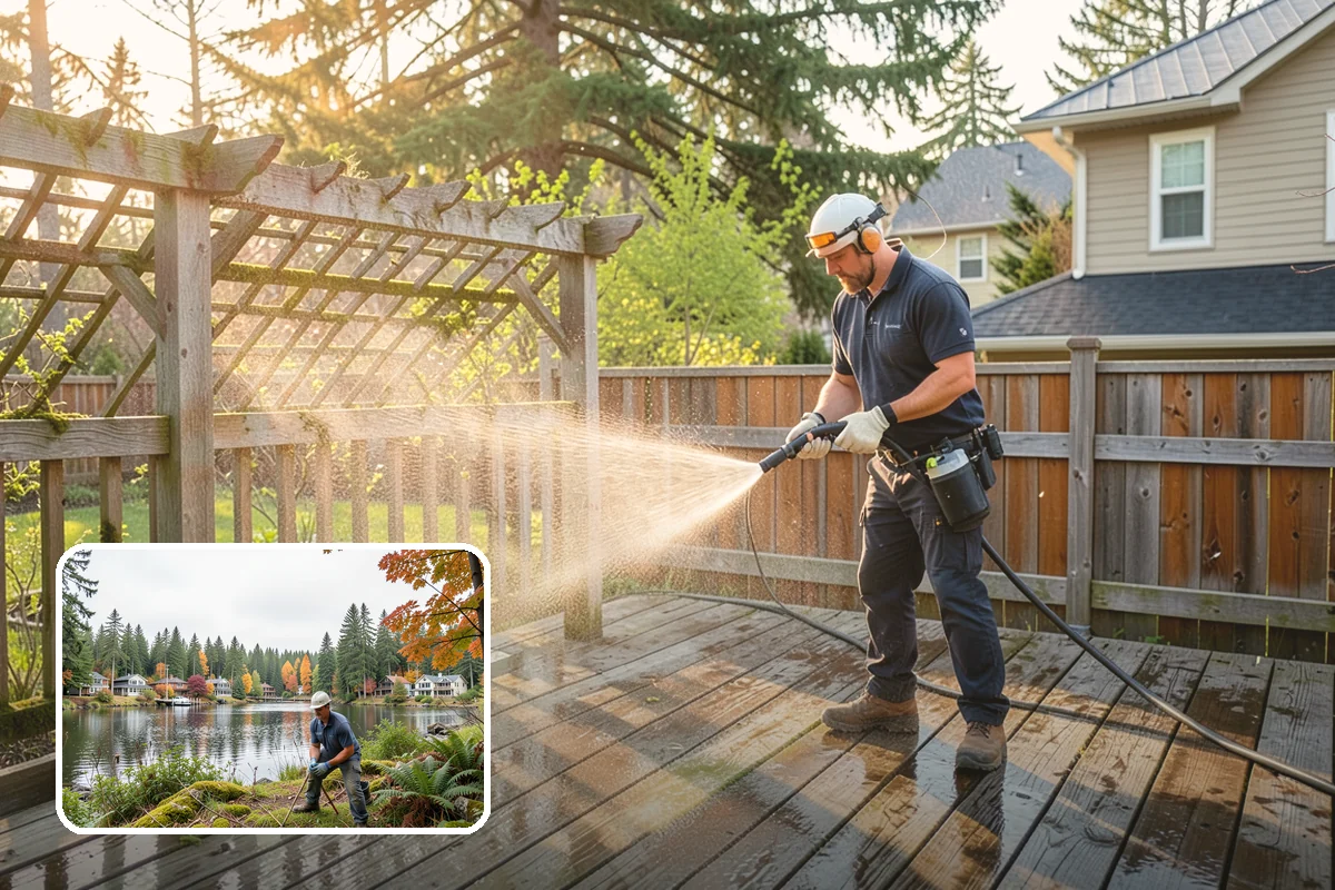 Shed Cleaning in La Conner, Skagit County, WA - Removes the mossy green film that thrives in shaded Puget Sound yards