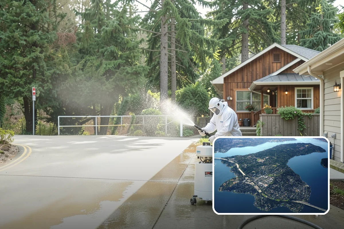Shed Cleaning in Mercer Island, King County, WA - Removes the mossy green film that thrives in shaded Puget Sound yards