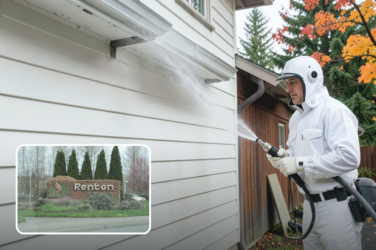 Shed Cleaning in Renton, King County, WA - Removes the mossy green film that thrives in shaded Puget Sound yards