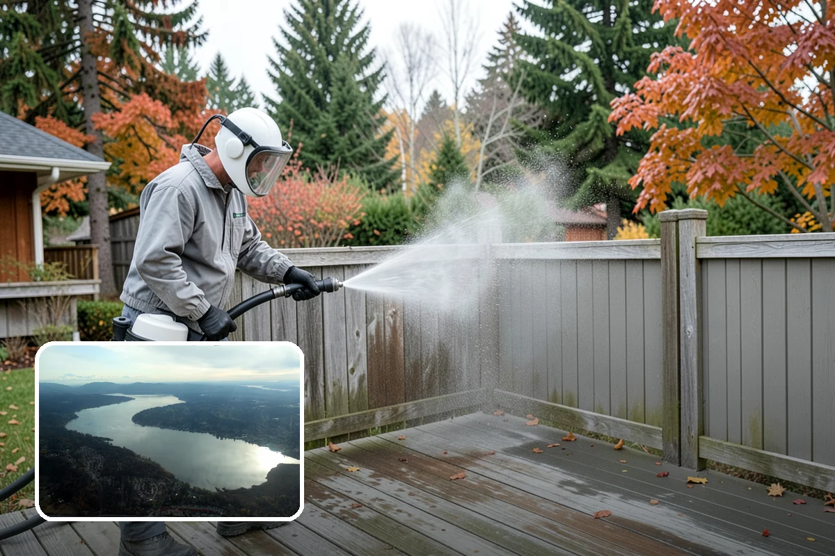 Shed Cleaning in Sammamish, King County, WA - Removes the mossy green film that thrives in shaded Puget Sound yards