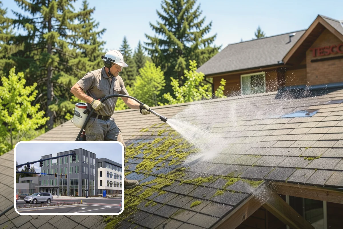 Shed Cleaning in Shoreline, King County, WA - Removes the mossy green film that thrives in shaded Puget Sound yards