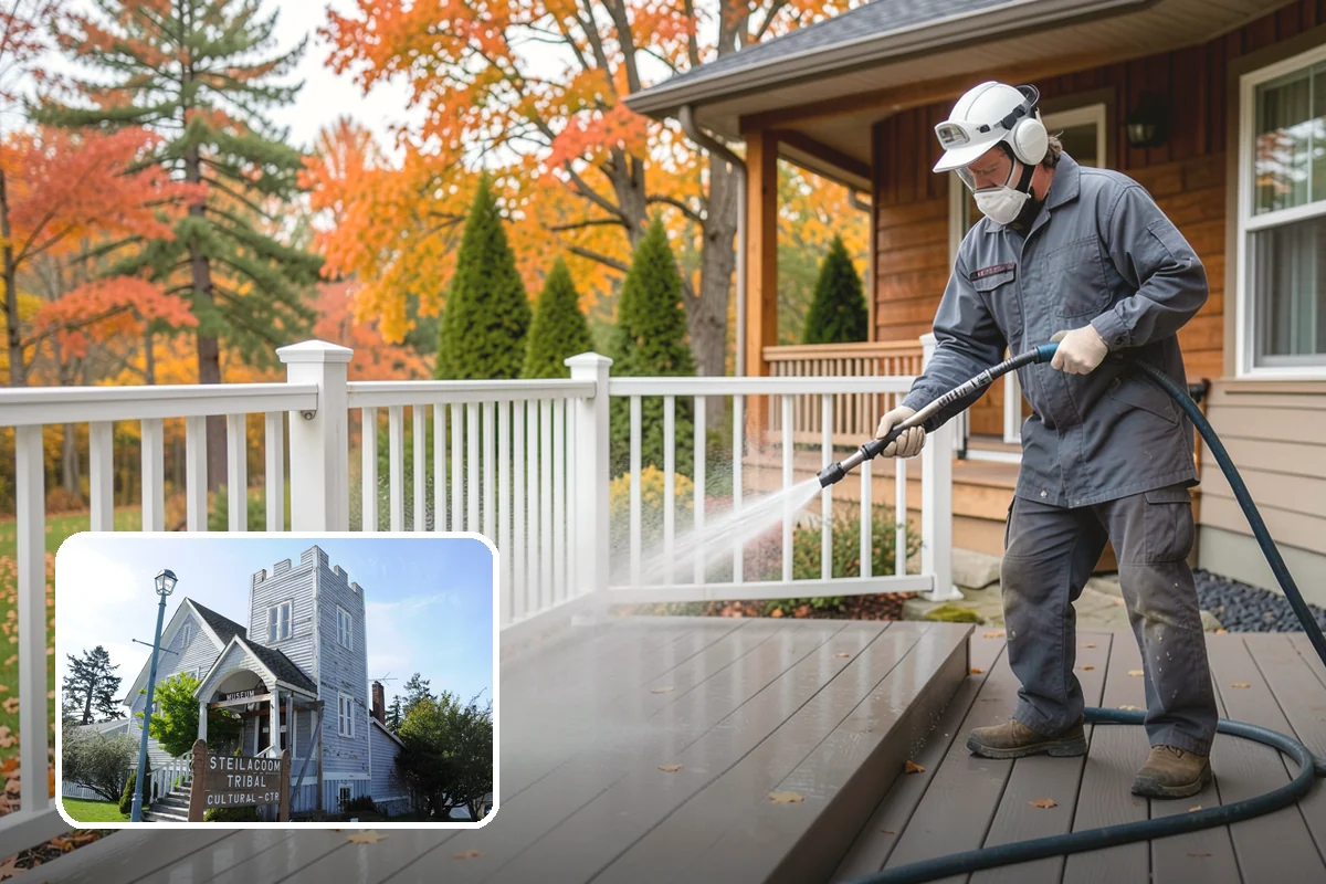Shed Cleaning in Steilacoom, Pierce County, WA - Removes the mossy green film that thrives in shaded Puget Sound yards