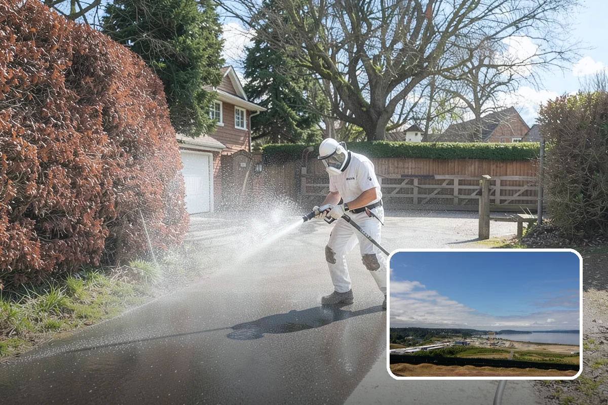 Shed Cleaning in University Place, Pierce County, WA - Removes the mossy green film that thrives in shaded Puget Sound yards