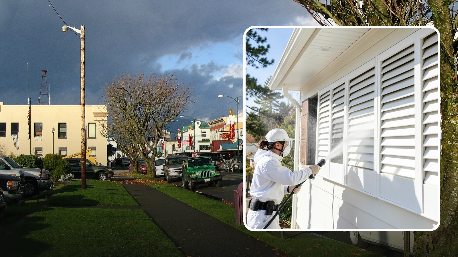 Shutter Cleaning in Arlington, Snohomish County, WA - We clean exterior shutters louver by louver to clear the green algae and cobwebs that collect in their grooves.