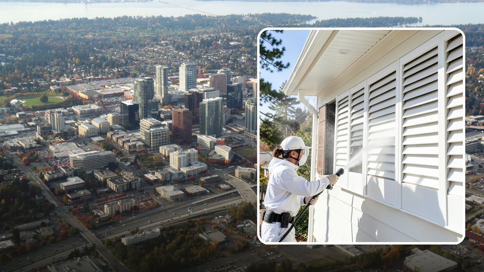 Shutter Cleaning in Bellevue, King County, WA - We clean exterior shutters louver by louver to clear the green algae and cobwebs that collect in their grooves.
