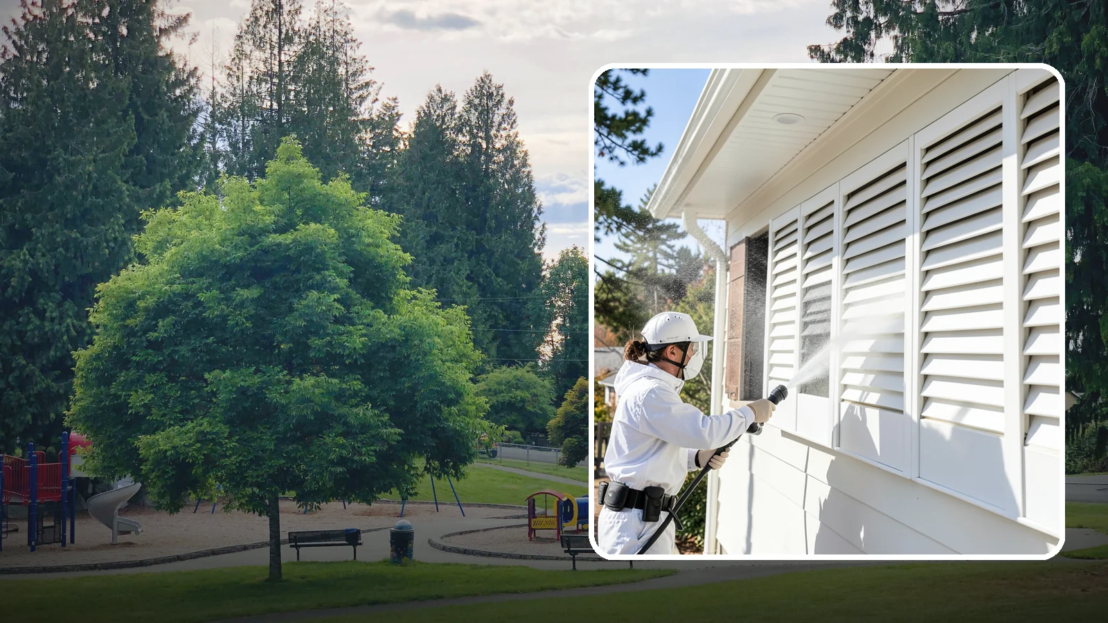 Shutter Cleaning in Bonney Lake, Pierce County, WA - We clean exterior shutters louver by louver to clear the green algae and cobwebs that collect in their grooves.