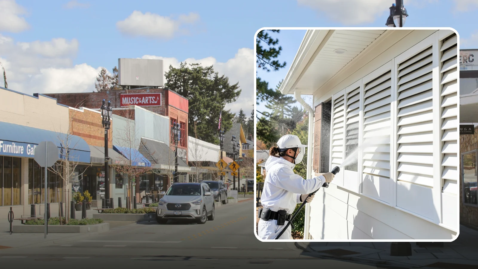Shutter Cleaning in Bothell, King County, WA - We clean exterior shutters louver by louver to clear the green algae and cobwebs that collect in their grooves.