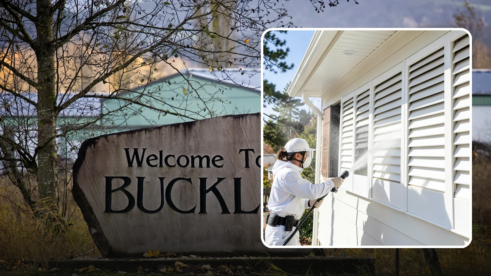 Shutter Cleaning in Buckley, Pierce County, WA - We clean exterior shutters louver by louver to clear the green algae and cobwebs that collect in their grooves.