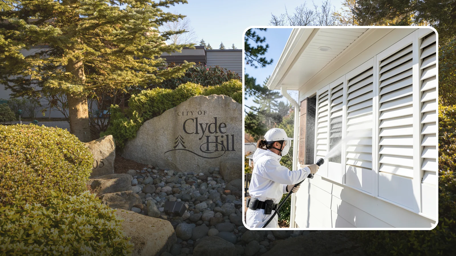 Shutter Cleaning in Clyde Hill, King County, WA - We clean exterior shutters louver by louver to clear the green algae and cobwebs that collect in their grooves.