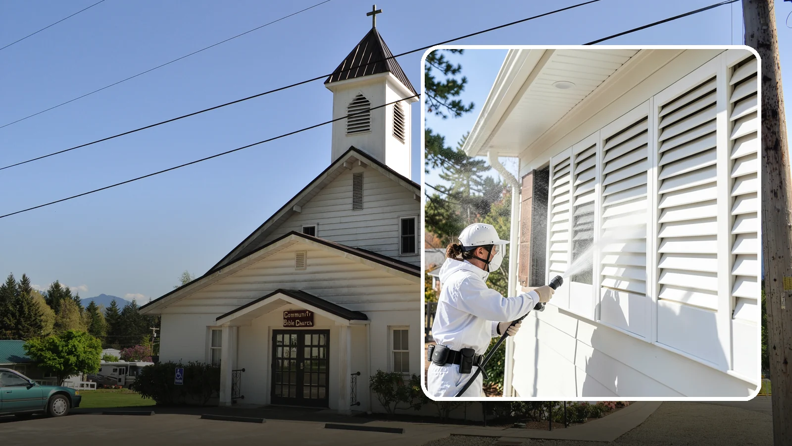 Shutter Cleaning in Concrete, Skagit County, WA - We clean exterior shutters louver by louver to clear the green algae and cobwebs that collect in their grooves.