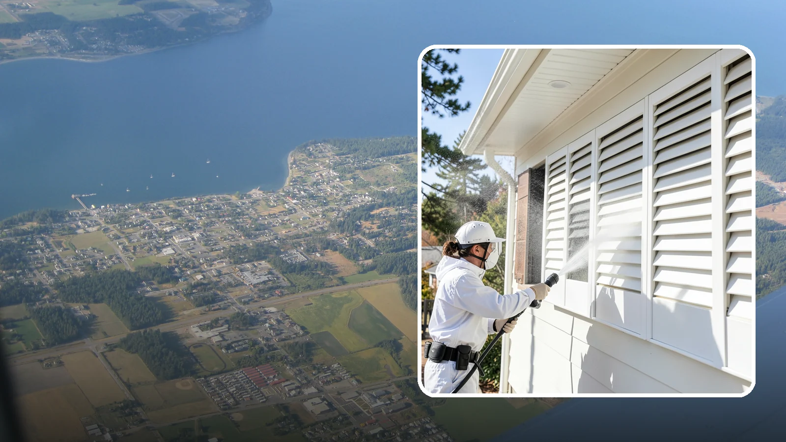 Shutter Cleaning in Coupeville, Island County, WA - We clean exterior shutters louver by louver to clear the green algae and cobwebs that collect in their grooves.
