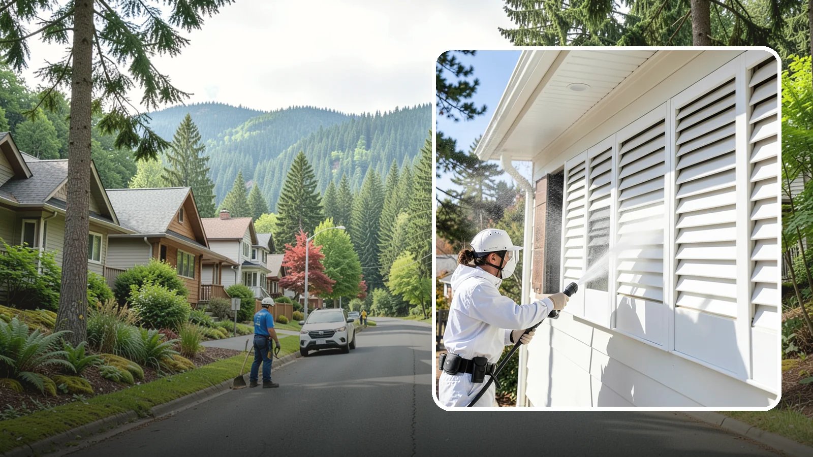 Shutter Cleaning in Darrington, Snohomish County, WA - We clean exterior shutters louver by louver to clear the green algae and cobwebs that collect in their grooves.