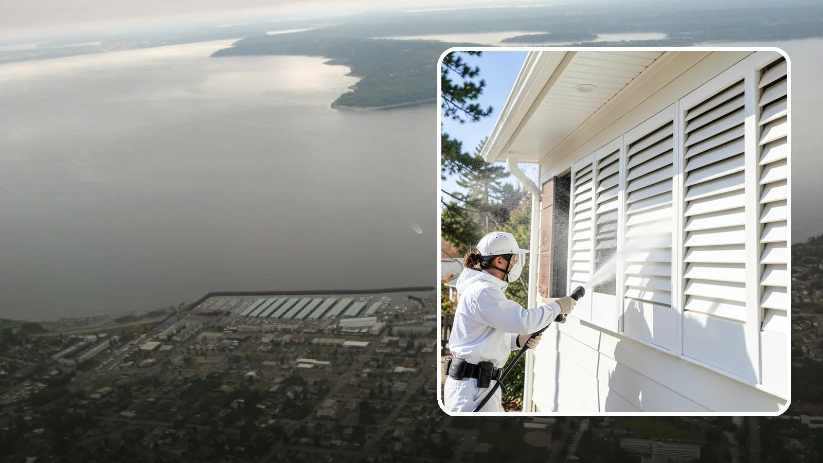 Shutter Cleaning in Des Moines, King County, WA - We clean exterior shutters louver by louver to clear the green algae and cobwebs that collect in their grooves.