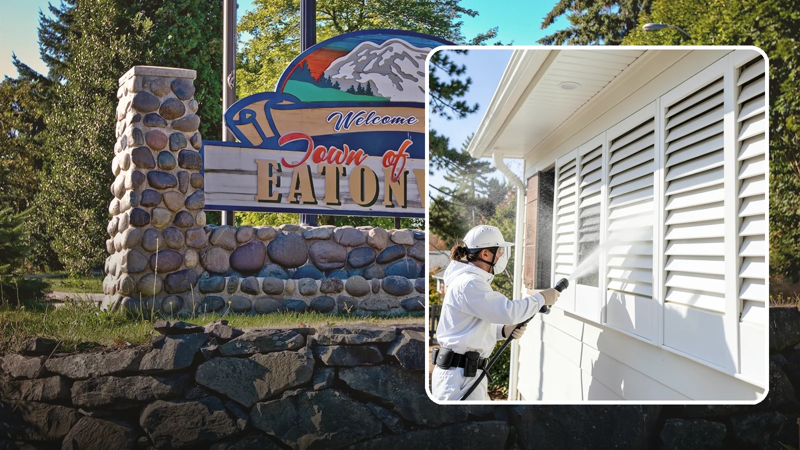 Shutter Cleaning in Eatonville, Pierce County, WA - We clean exterior shutters louver by louver to clear the green algae and cobwebs that collect in their grooves.