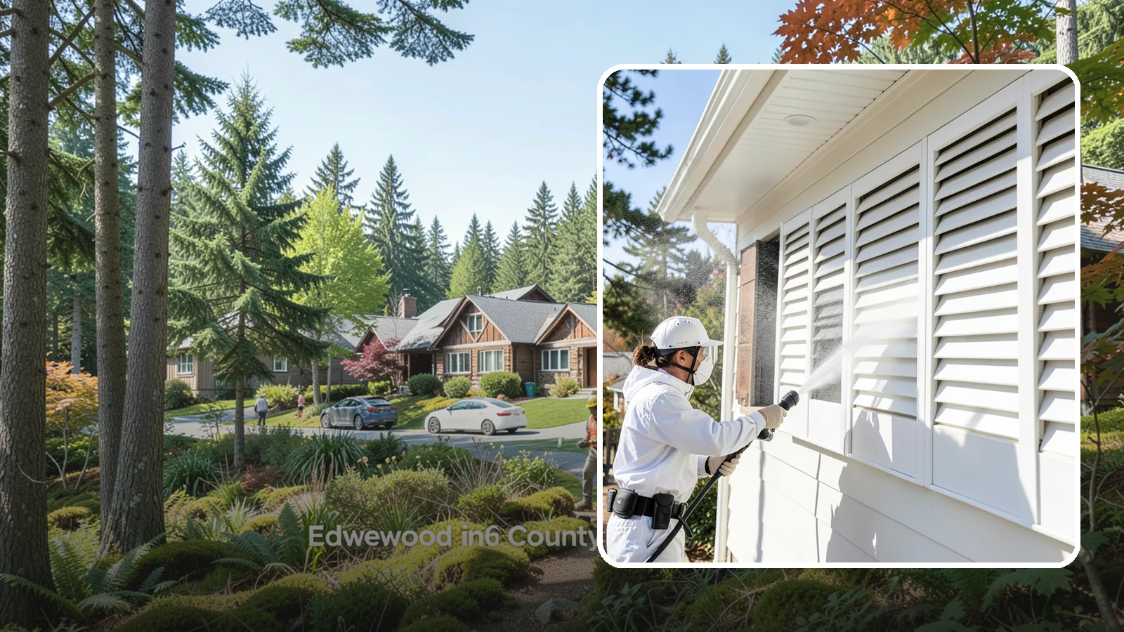Shutter Cleaning in Edgewood, Pierce County, WA - We clean exterior shutters louver by louver to clear the green algae and cobwebs that collect in their grooves.