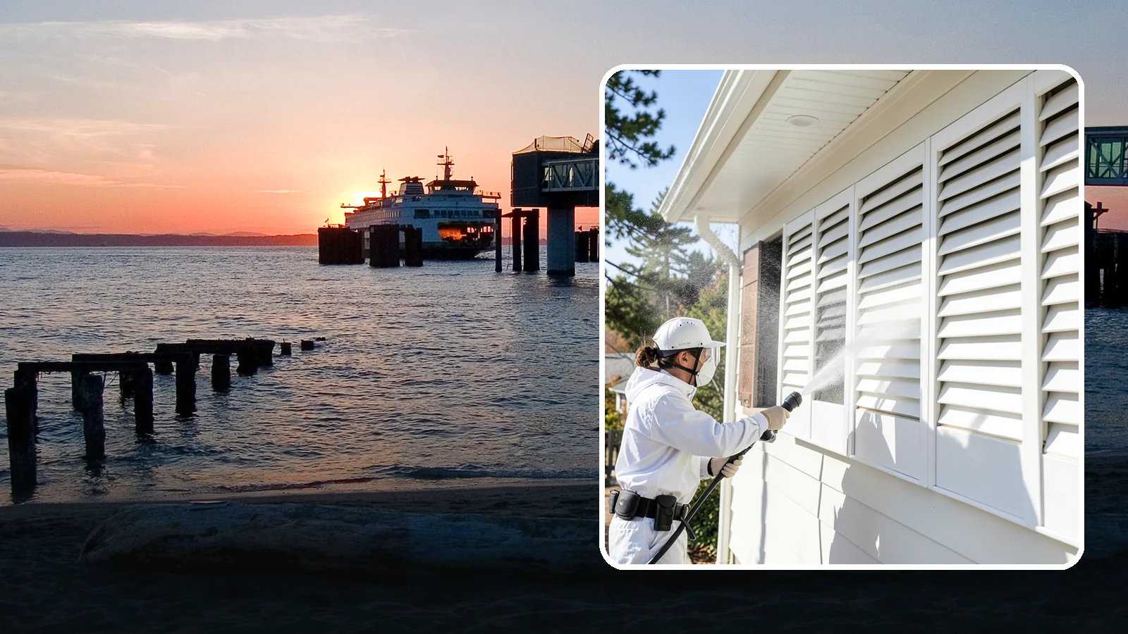 Shutter Cleaning in Edmonds, Snohomish County, WA - We clean exterior shutters louver by louver to clear the green algae and cobwebs that collect in their grooves.