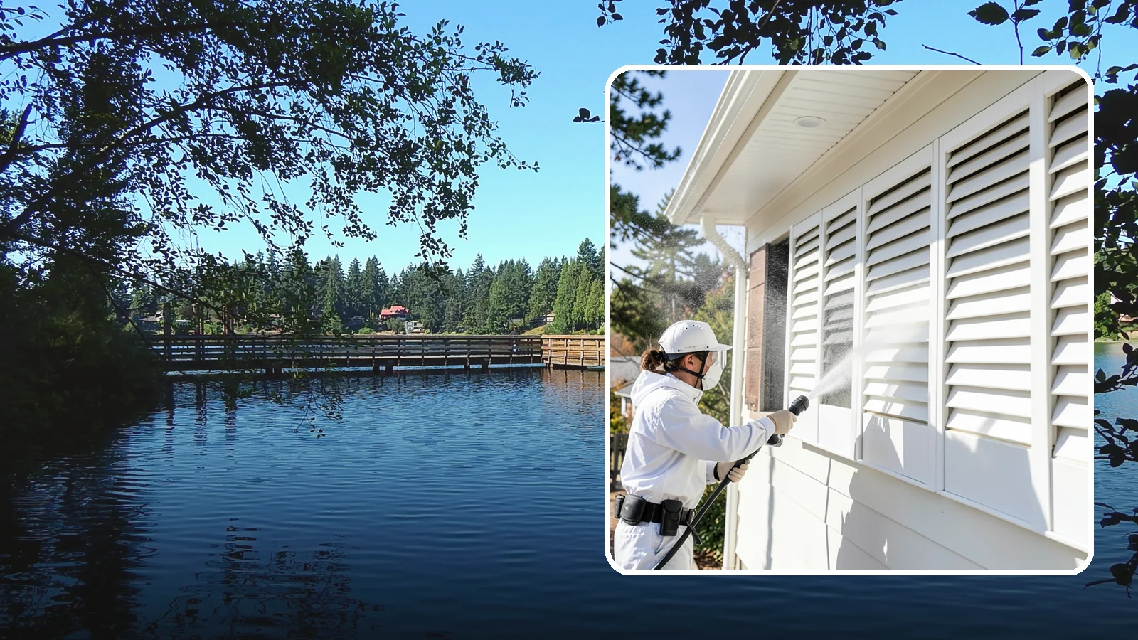 Shutter Cleaning in Federal Way, King County, WA - We clean exterior shutters louver by louver to clear the green algae and cobwebs that collect in their grooves.