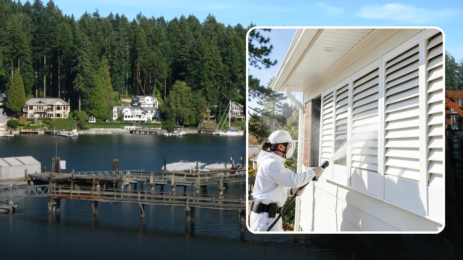 Shutter Cleaning in Gig Harbor, Pierce County, WA - We clean exterior shutters louver by louver to clear the green algae and cobwebs that collect in their grooves.