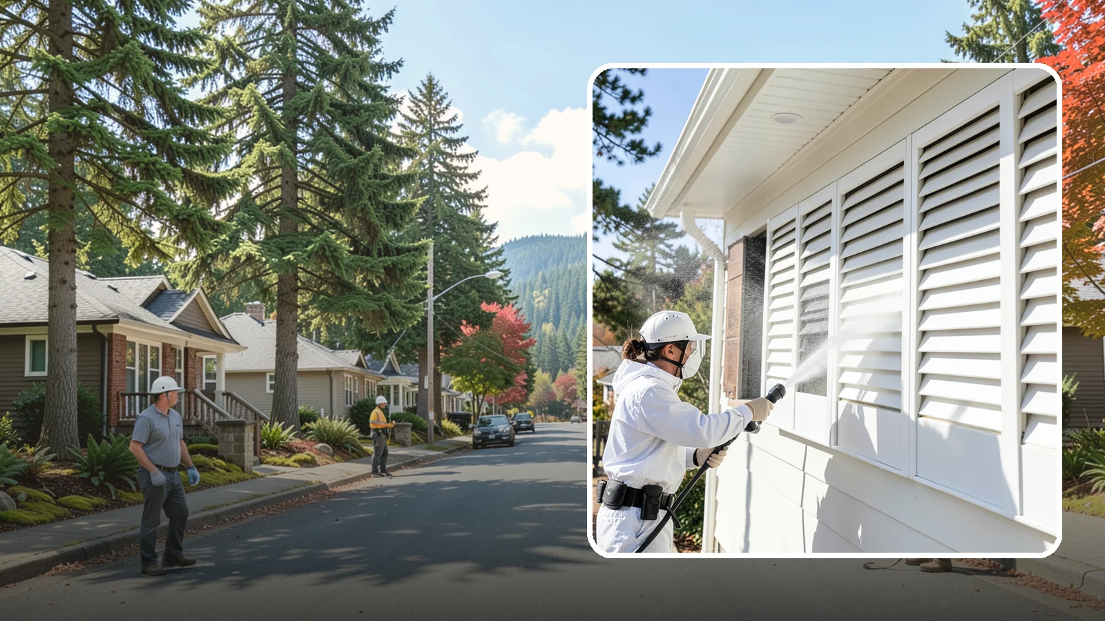 Shutter Cleaning in Hunts Point, King County, WA - We clean exterior shutters louver by louver to clear the green algae and cobwebs that collect in their grooves.