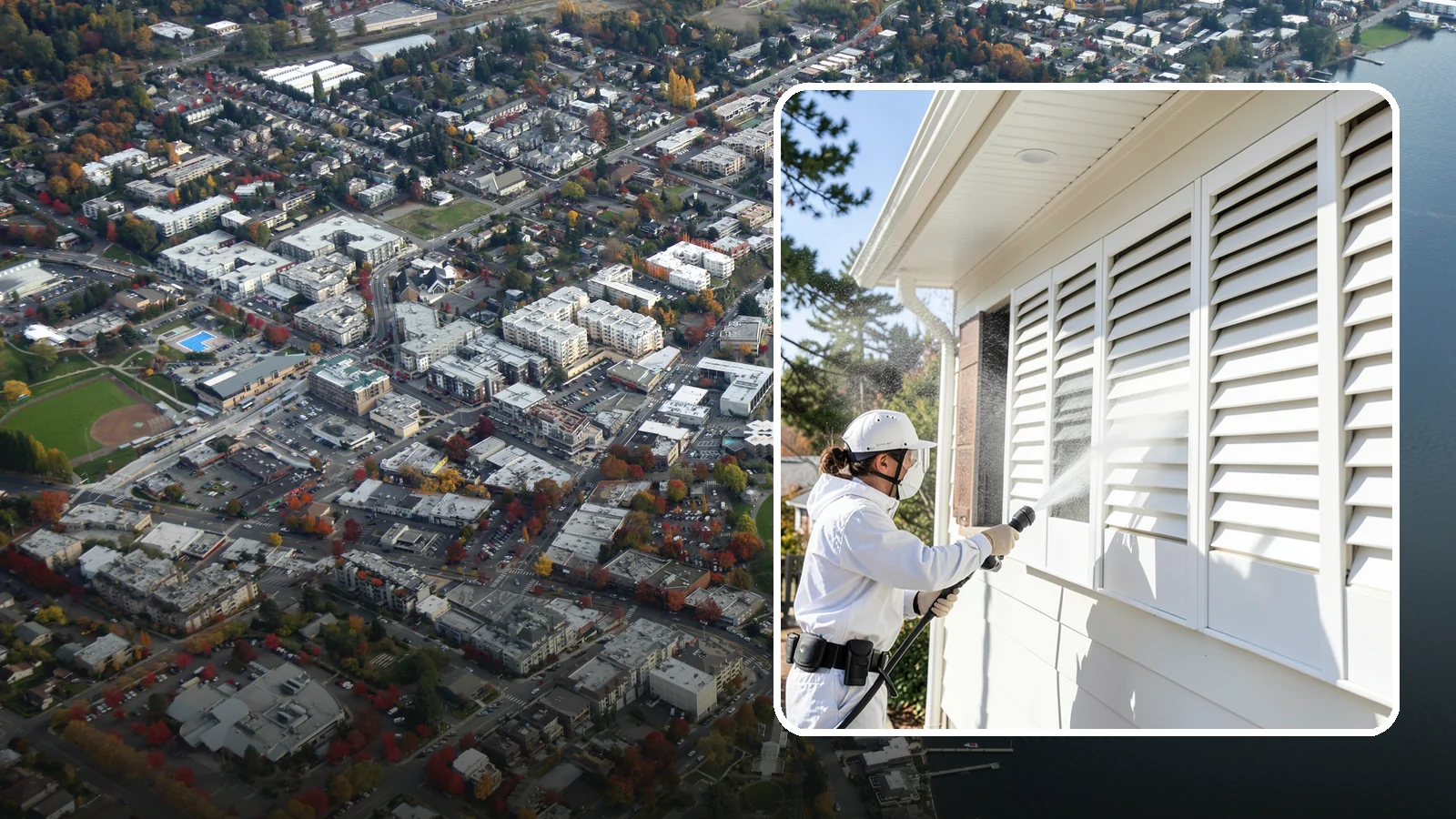 Shutter Cleaning in Kirkland, King County, WA - We clean exterior shutters louver by louver to clear the green algae and cobwebs that collect in their grooves.