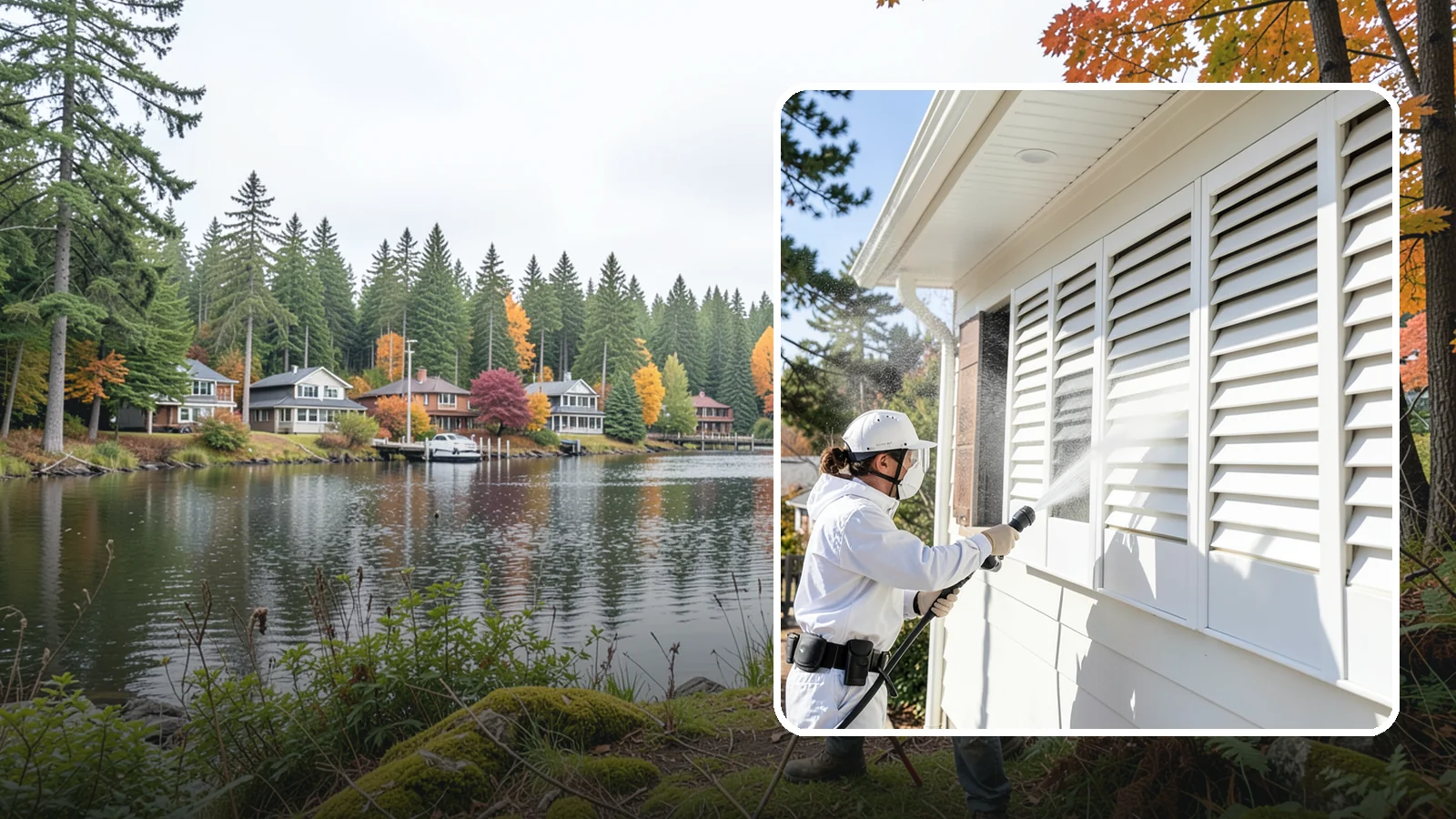 Shutter Cleaning in La Conner, Skagit County, WA - We clean exterior shutters louver by louver to clear the green algae and cobwebs that collect in their grooves.
