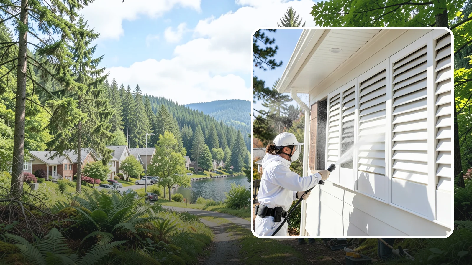 Shutter Cleaning in Lake Forest Park, King County, WA - We clean exterior shutters louver by louver to clear the green algae and cobwebs that collect in their grooves.