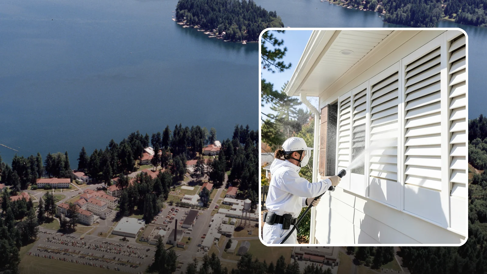 Shutter Cleaning in Lakewood, Pierce County, WA - We clean exterior shutters louver by louver to clear the green algae and cobwebs that collect in their grooves.