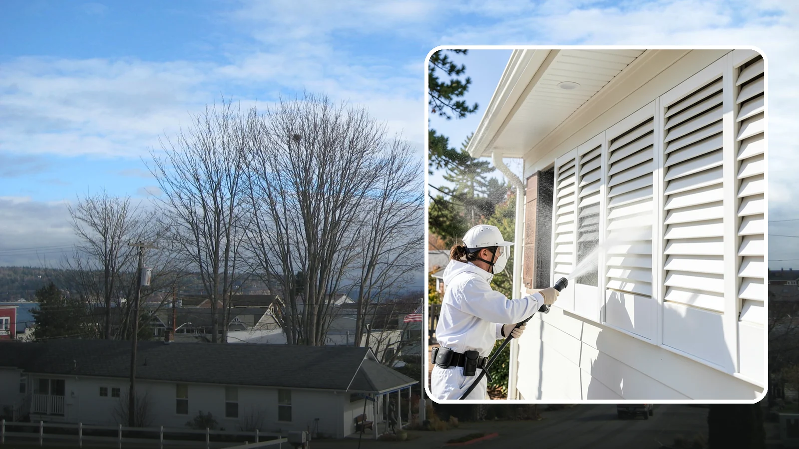 Shutter Cleaning in Langley, Island County, WA - We clean exterior shutters louver by louver to clear the green algae and cobwebs that collect in their grooves.
