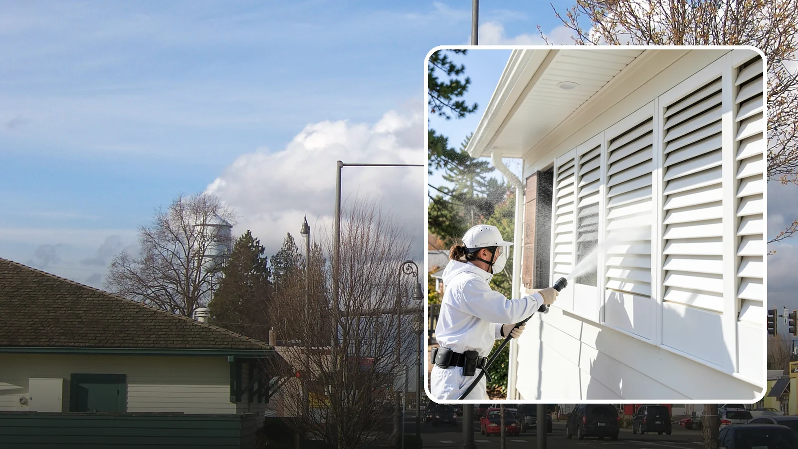 Shutter Cleaning in Marysville, Snohomish County, WA - We clean exterior shutters louver by louver to clear the green algae and cobwebs that collect in their grooves.