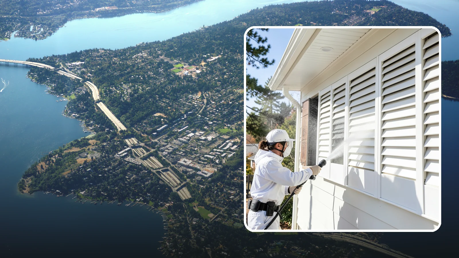 Shutter Cleaning in Mercer Island, King County, WA - We clean exterior shutters louver by louver to clear the green algae and cobwebs that collect in their grooves.