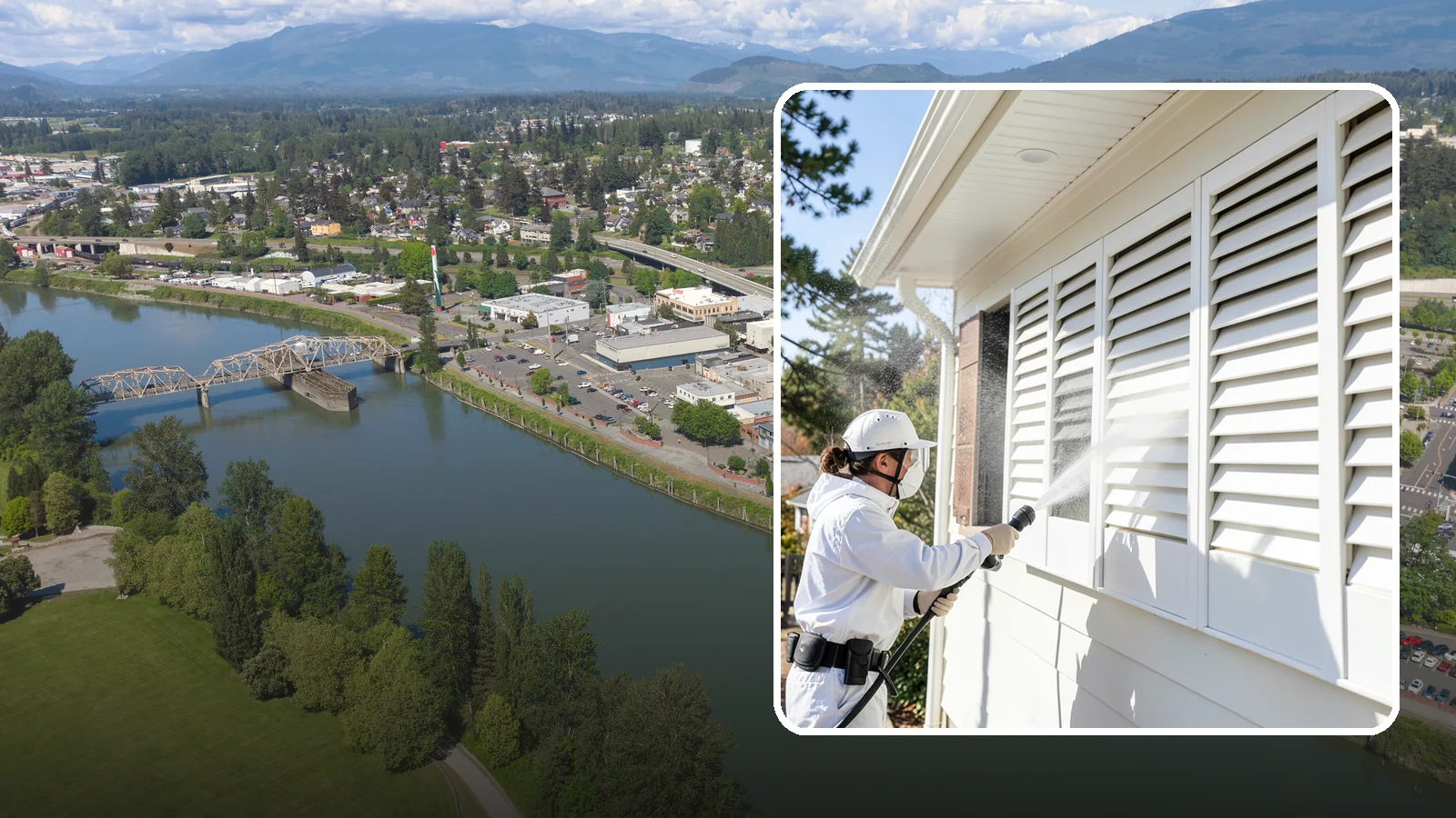 Shutter Cleaning in Mount Vernon, Skagit County, WA - We clean exterior shutters louver by louver to clear the green algae and cobwebs that collect in their grooves.