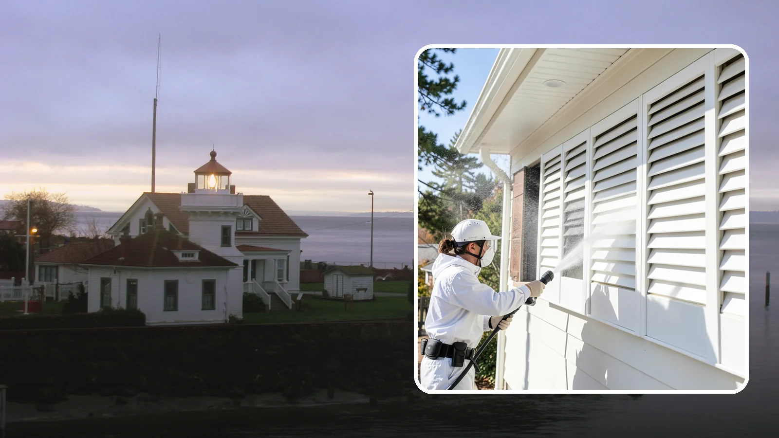 Shutter Cleaning in Mukilteo, Snohomish County, WA - We clean exterior shutters louver by louver to clear the green algae and cobwebs that collect in their grooves.