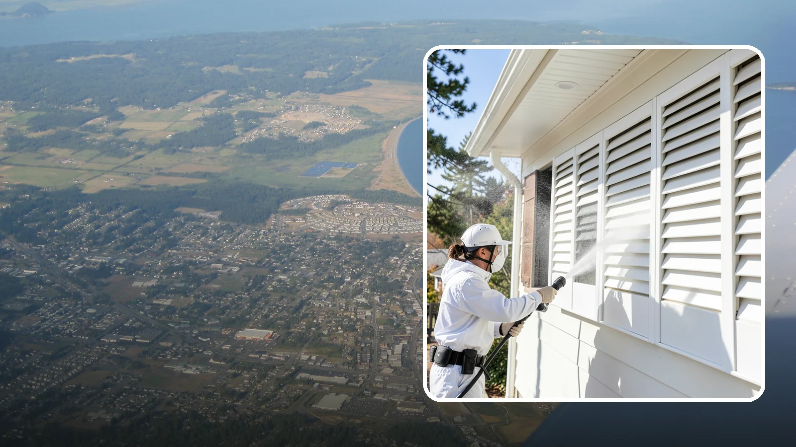 Shutter Cleaning in Oak Harbor, Island County, WA - We clean exterior shutters louver by louver to clear the green algae and cobwebs that collect in their grooves.