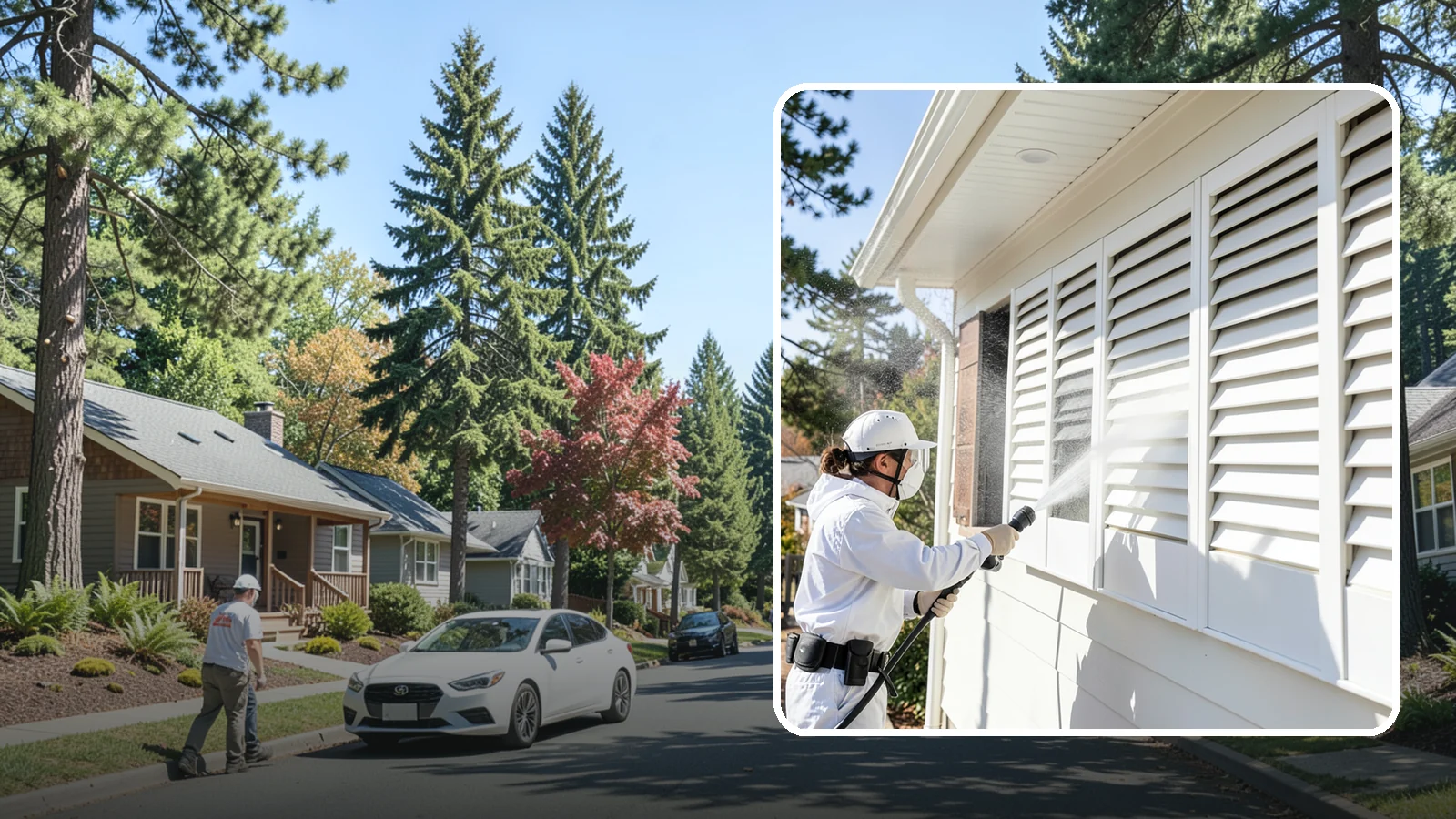 Shutter Cleaning in Orting, Pierce County, WA - We clean exterior shutters louver by louver to clear the green algae and cobwebs that collect in their grooves.