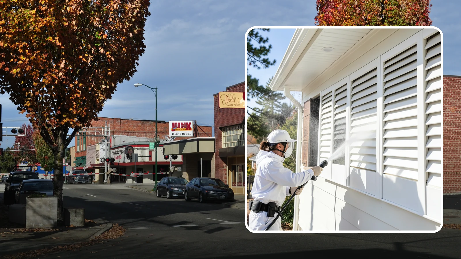 Shutter Cleaning in Puyallup, Pierce County, WA - We clean exterior shutters louver by louver to clear the green algae and cobwebs that collect in their grooves.