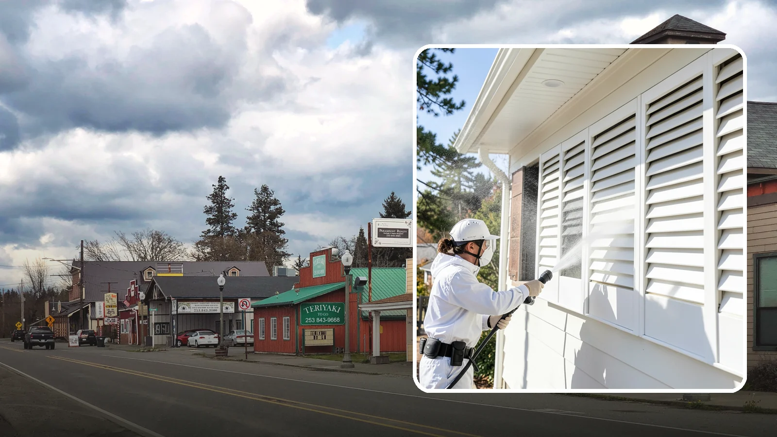 Shutter Cleaning in Roy, Pierce County, WA - We clean exterior shutters louver by louver to clear the green algae and cobwebs that collect in their grooves.