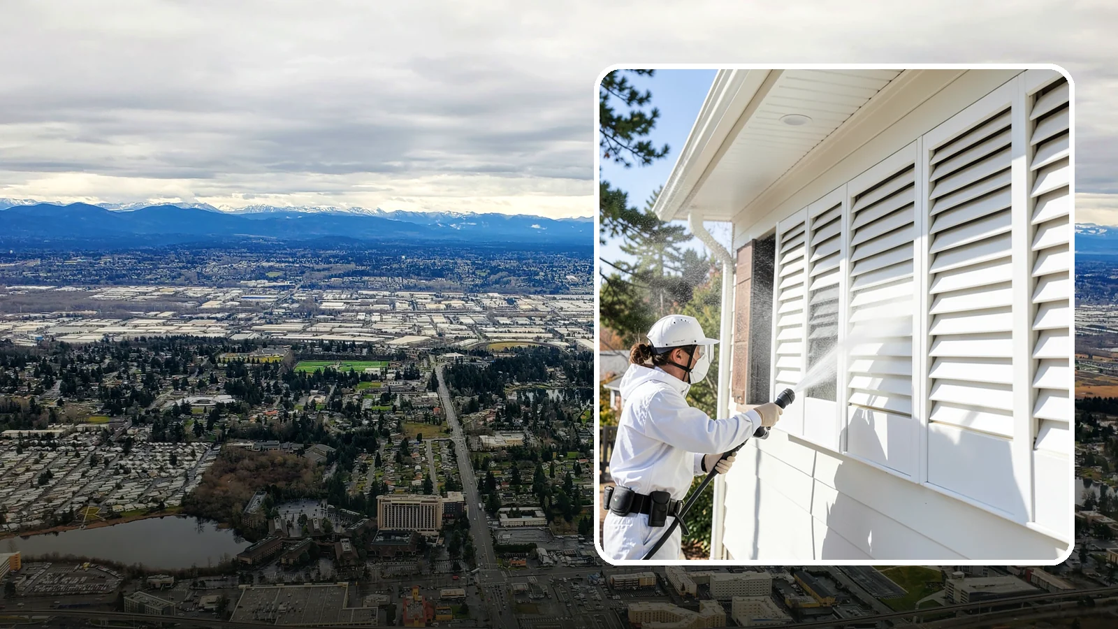 Shutter Cleaning in SeaTac, King County, WA - We clean exterior shutters louver by louver to clear the green algae and cobwebs that collect in their grooves.