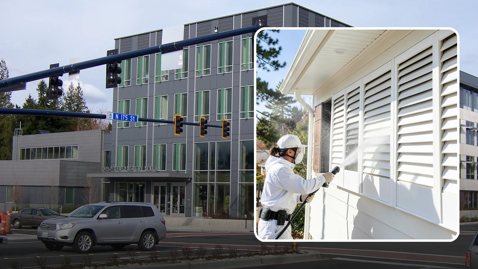 Shutter Cleaning in Shoreline, King County, WA - We clean exterior shutters louver by louver to clear the green algae and cobwebs that collect in their grooves.