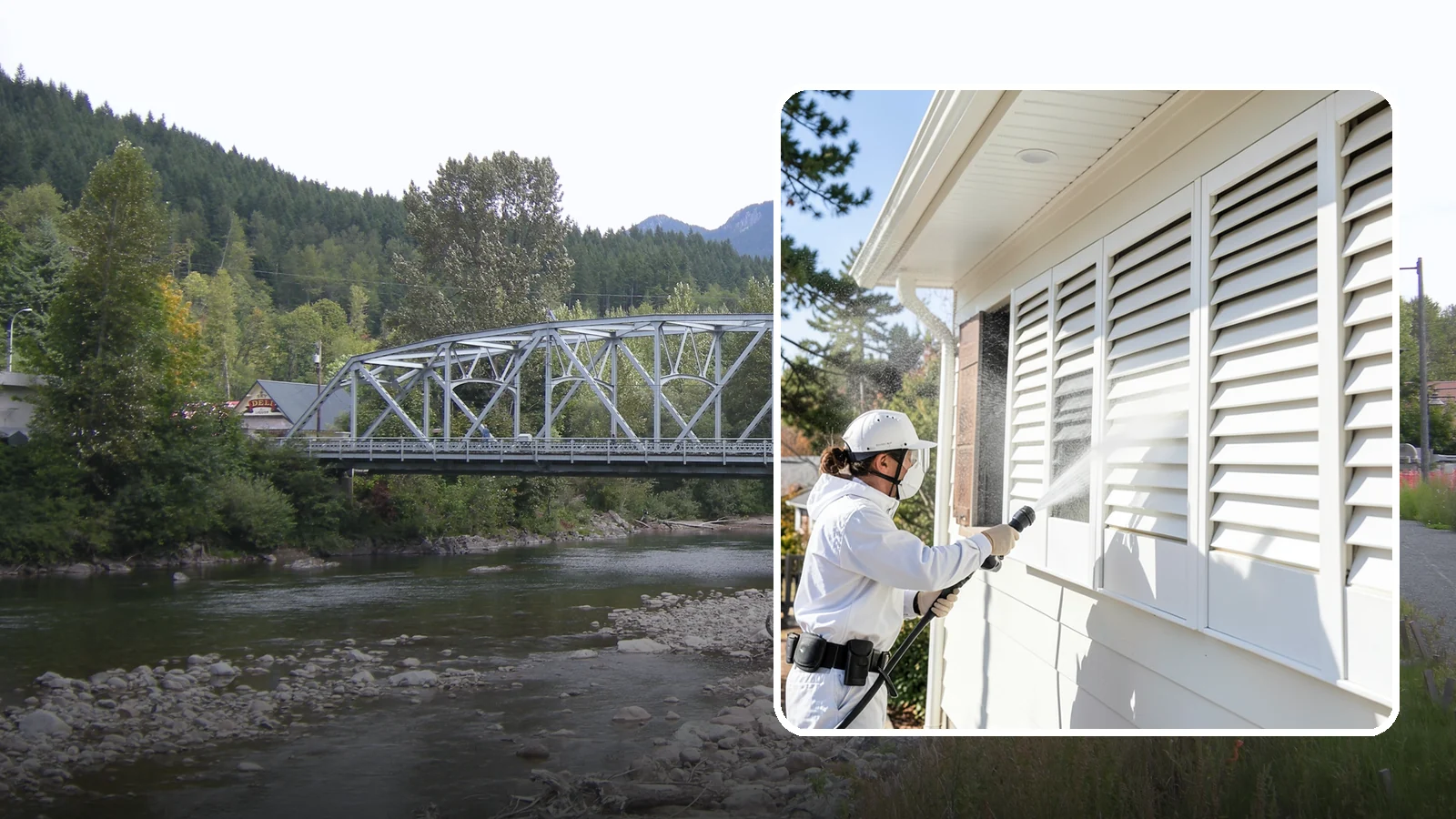Shutter Cleaning in Skykomish, King County, WA - We clean exterior shutters louver by louver to clear the green algae and cobwebs that collect in their grooves.