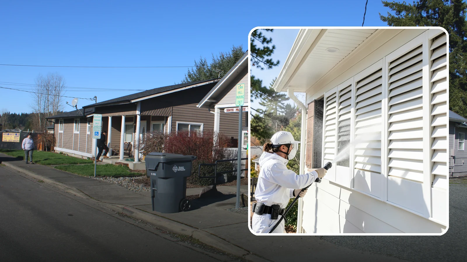 Shutter Cleaning in South Prairie, Pierce County, WA - We clean exterior shutters louver by louver to clear the green algae and cobwebs that collect in their grooves.