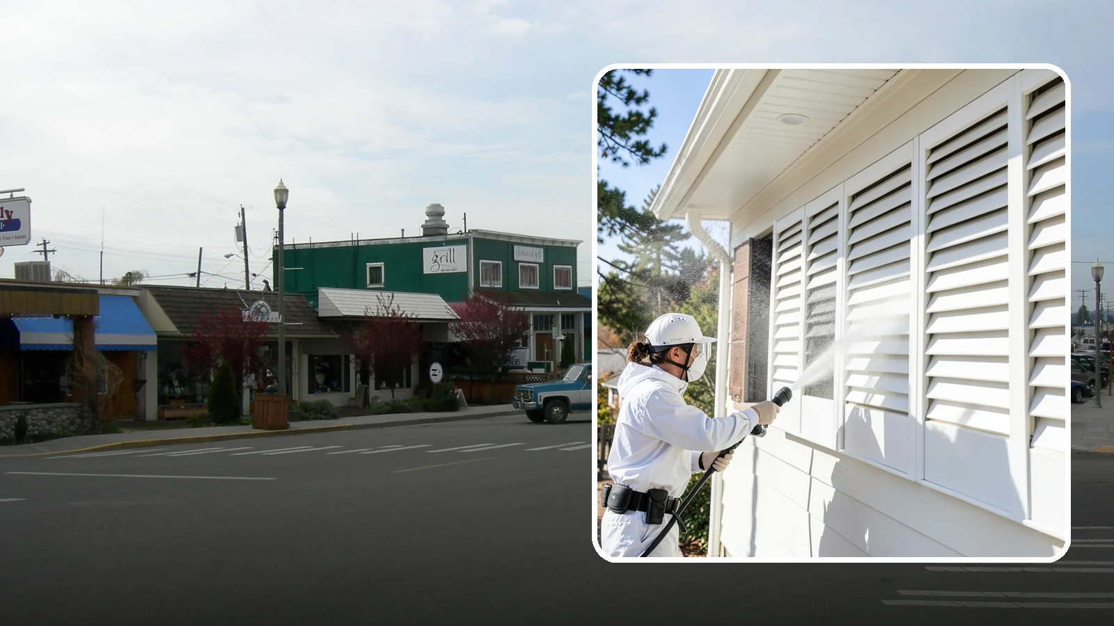 Shutter Cleaning in Stanwood, Snohomish County, WA - We clean exterior shutters louver by louver to clear the green algae and cobwebs that collect in their grooves.